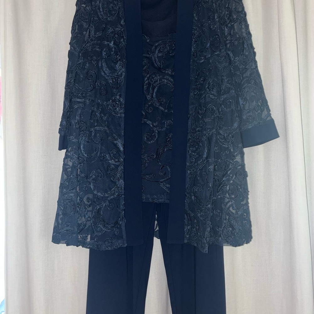 R&M Richards Navy Embroidered Mesh 3 Piece Pant Suit